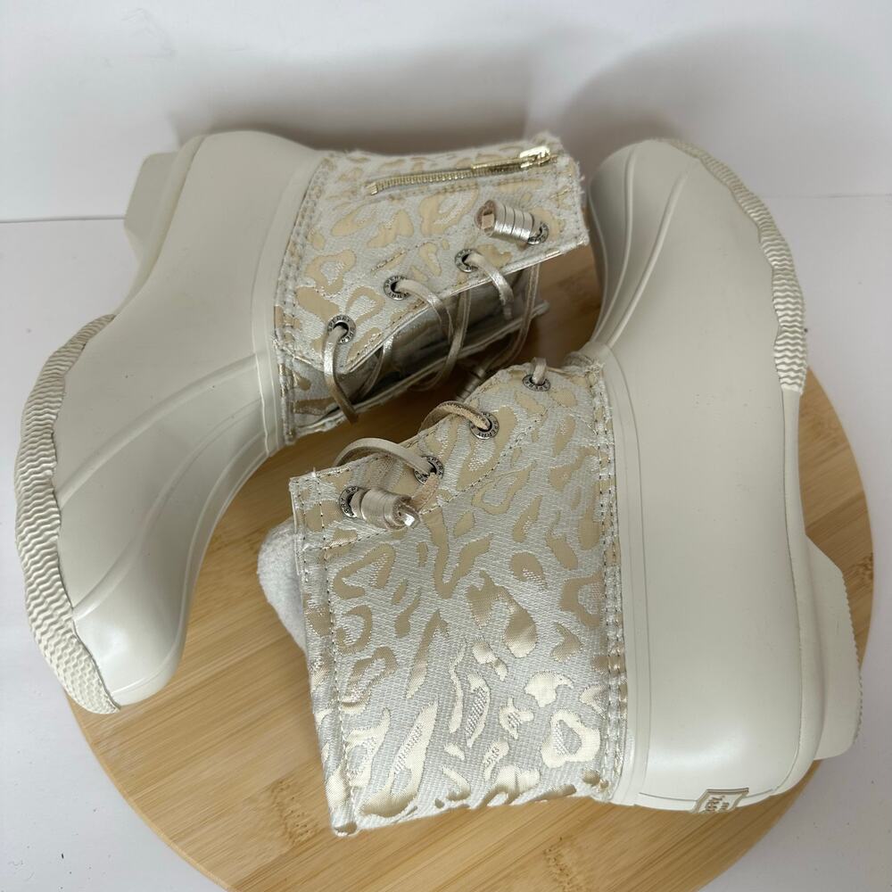 Sperry Top Sider Saltwater Ivory Leopard Duck Boots Snow Rain Waterproof Size 8 - Picture 6 of 7